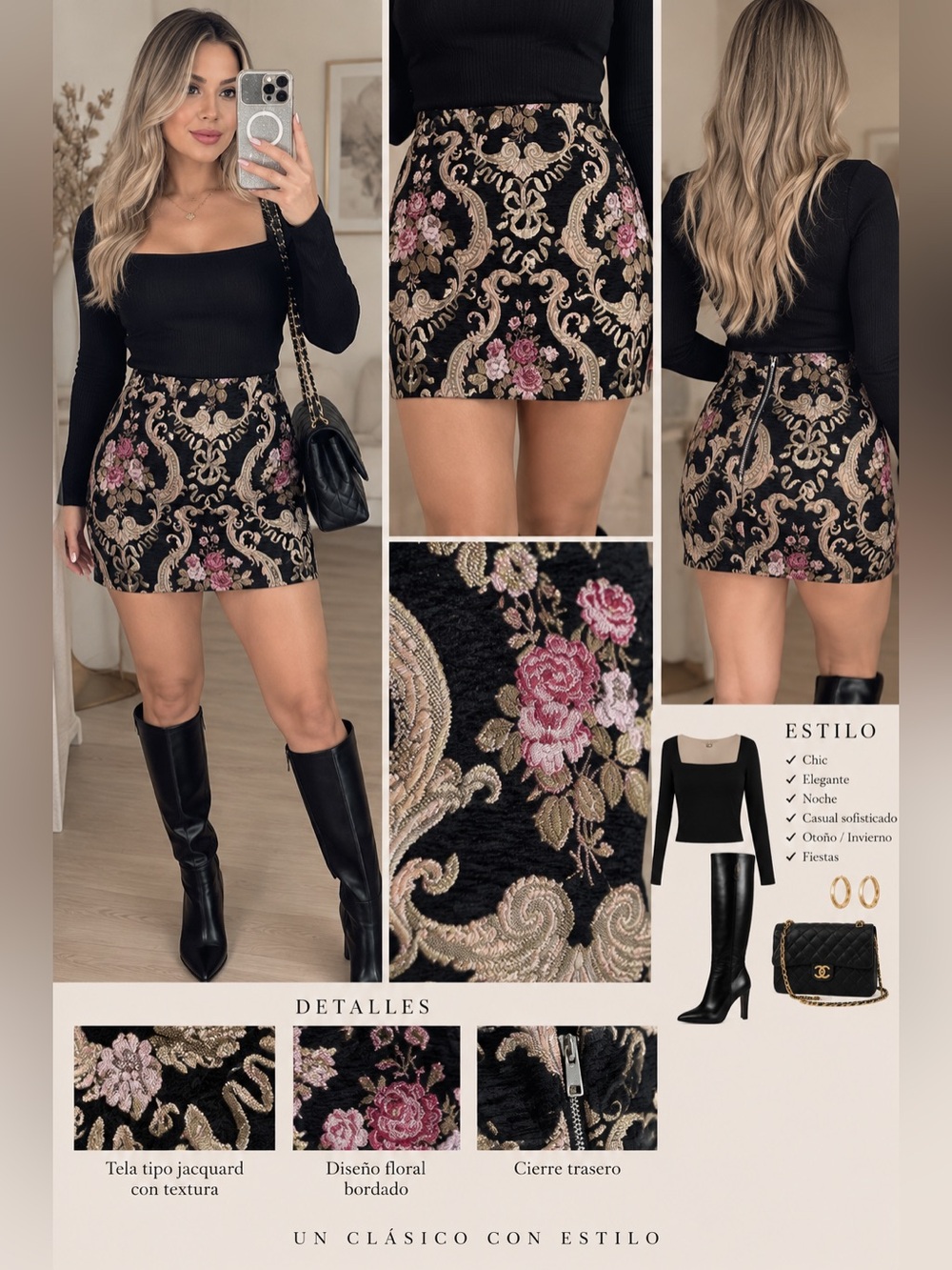 miami Black Jacquard Mini Skirt with Pink Floral Embroidery